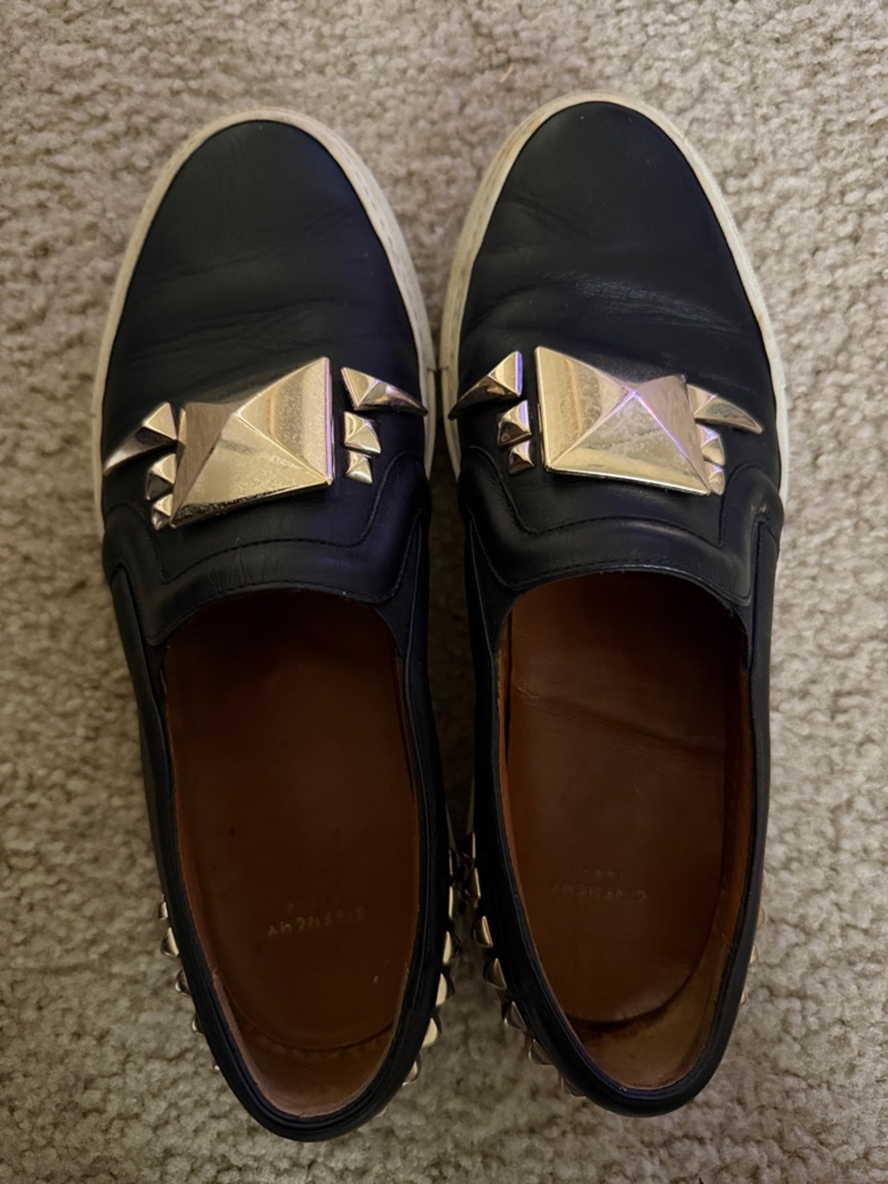 Givenchy Black Leather Slip-On Sneakers with Gold Stud Accents